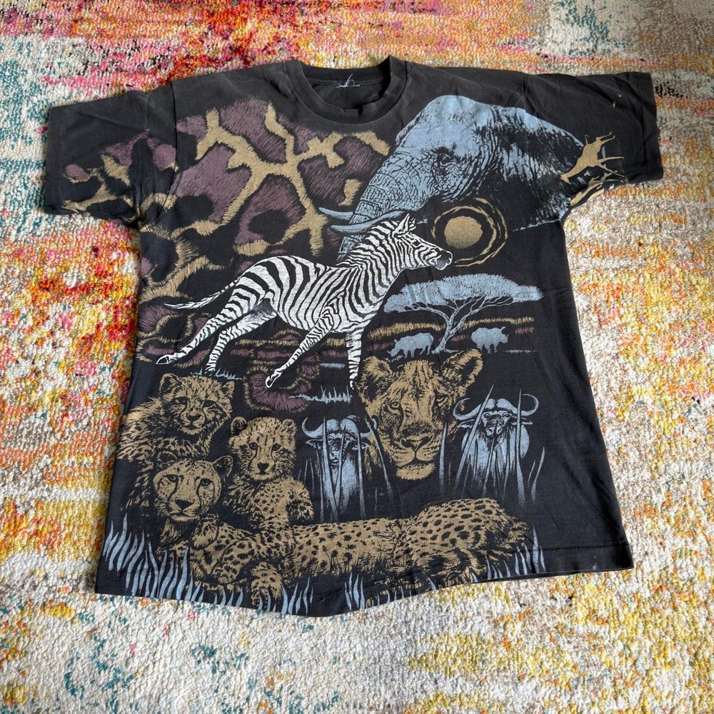 Vintage 90s Safari Animals All Over Print T Shirt Mens XL Black Single Stitch